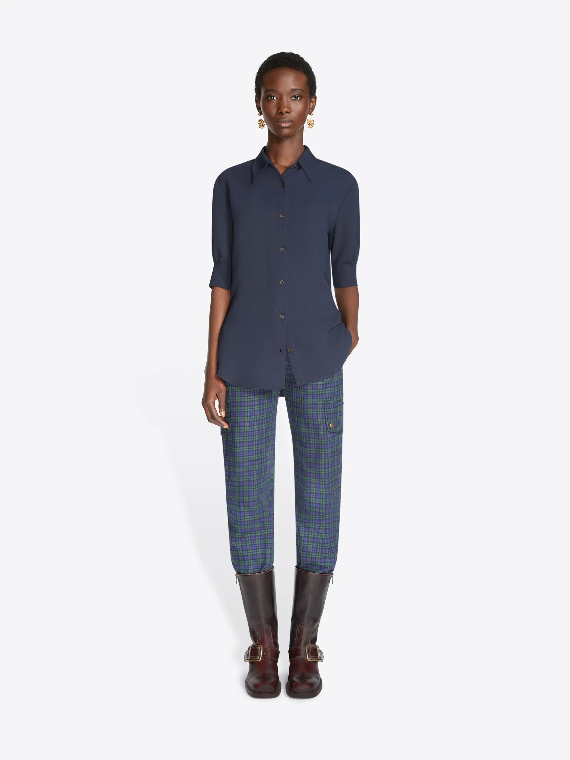 Dries Van Noten Navy Celindo Cuffed Crepe Shirt