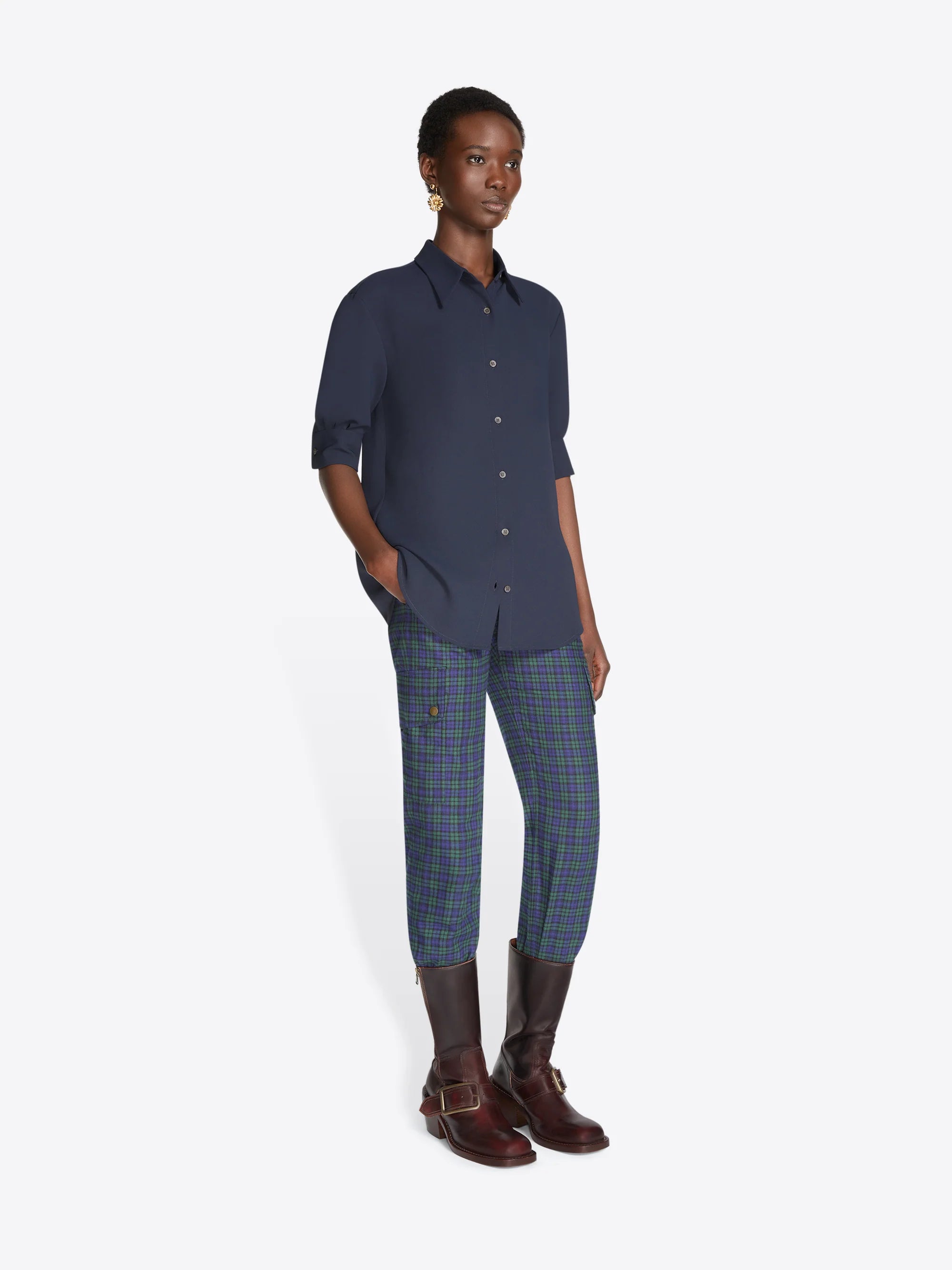 Dries Van Noten Navy Celindo Cuffed Crepe Shirt