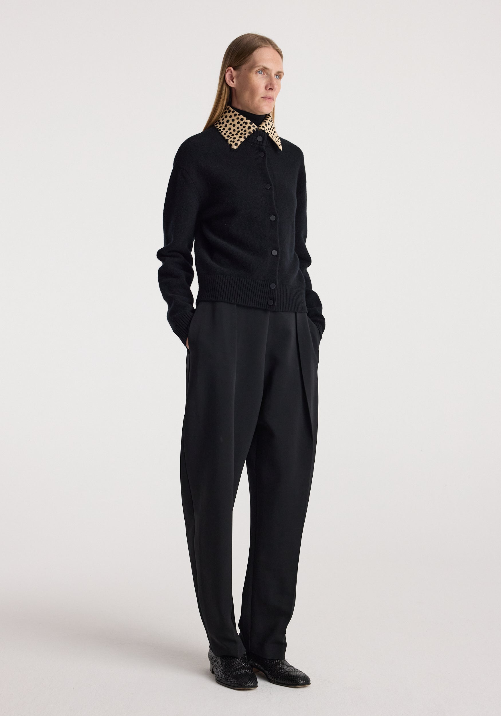 RÓHE Black Leather Cheetah Collar Cardigan