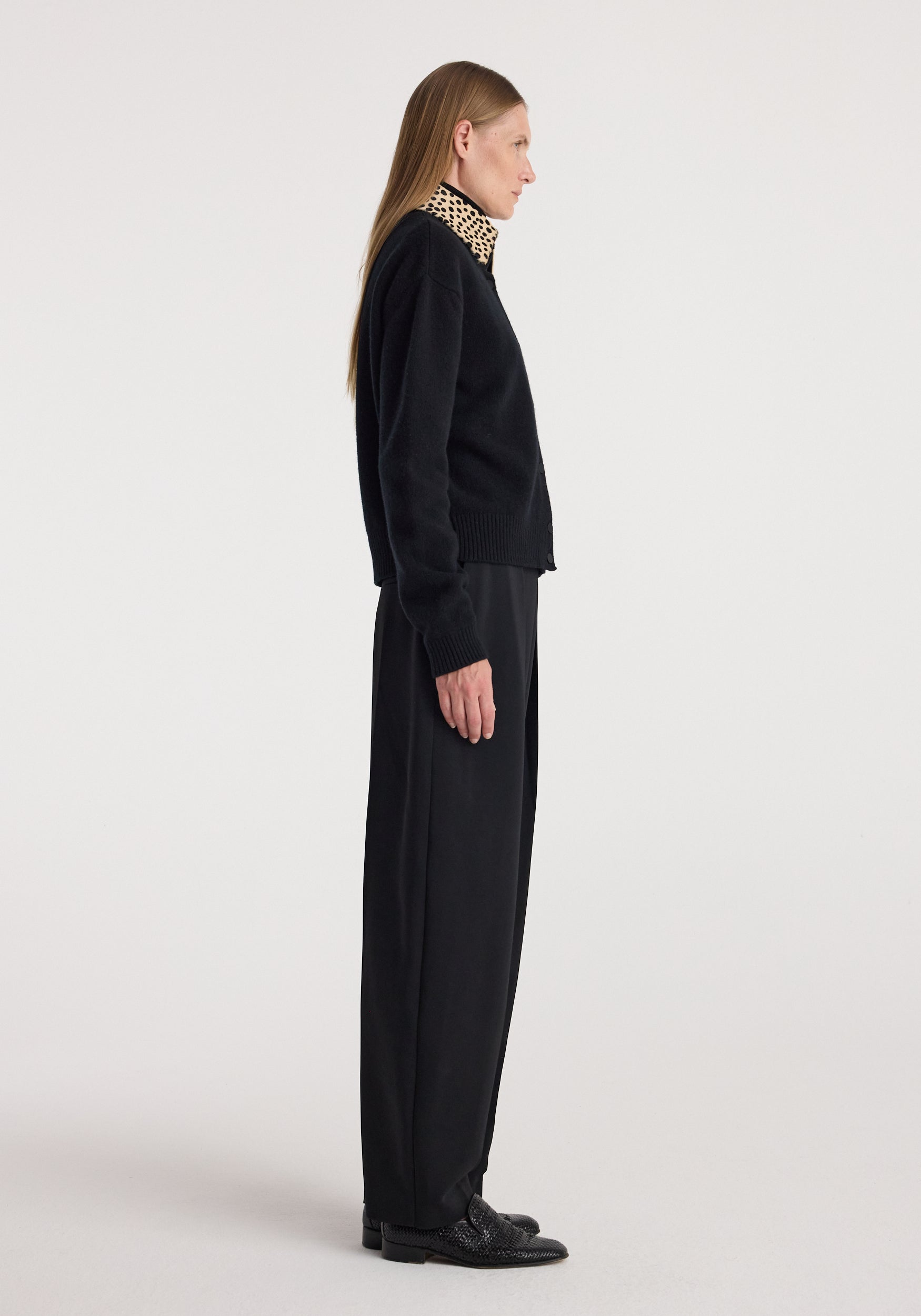 RÓHE Black Leather Cheetah Collar Cardigan