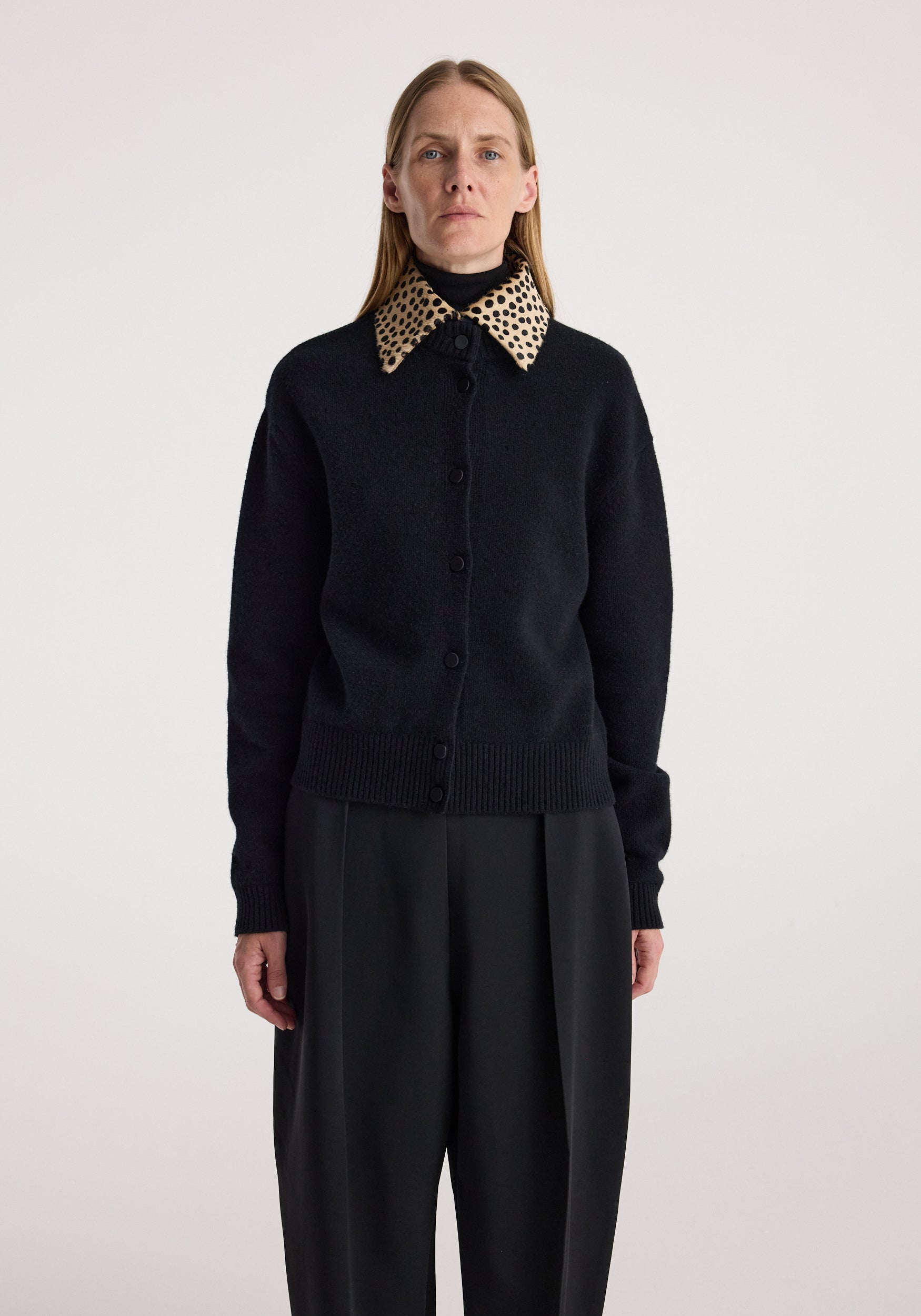 RÓHE Black Leather Cheetah Collar Cardigan