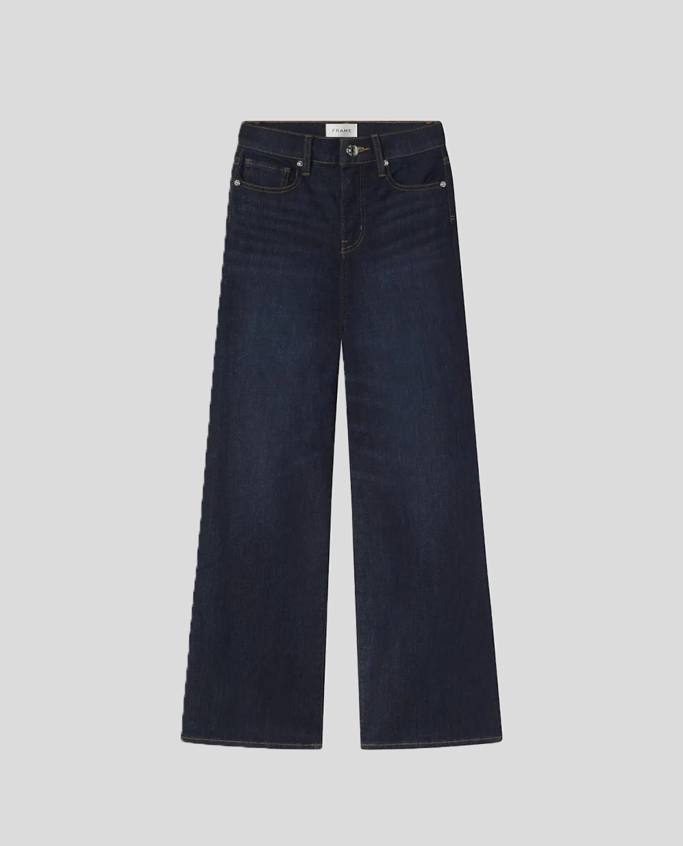 Mørk denimjeans med høj talje, brede ben, lommer og synlige sømme.