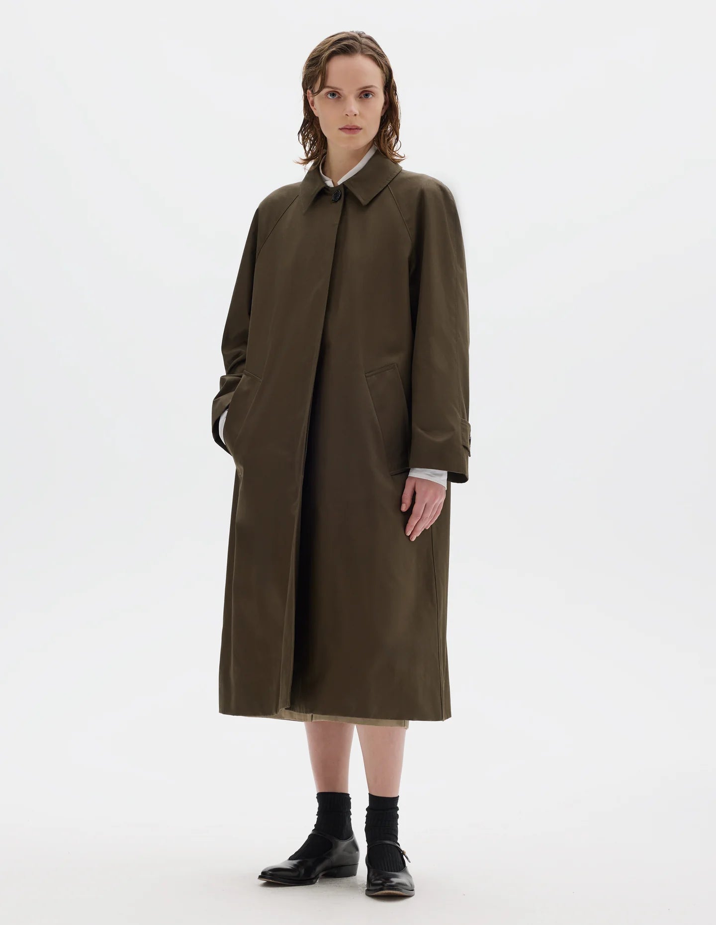 Margaret Howell Dark Khaki Raglan Mac Showerproof Coat