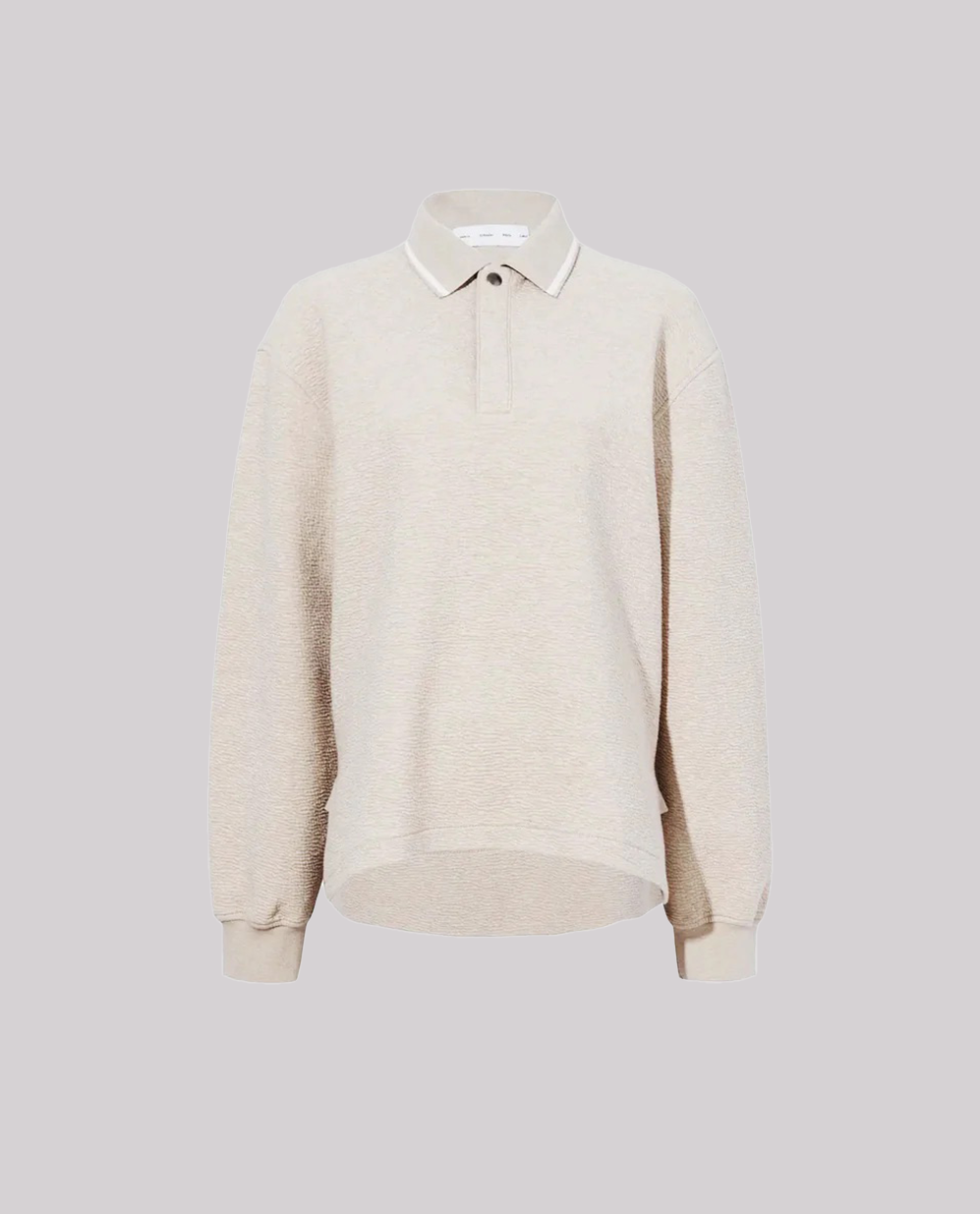 Beige striktrøje med polo-krave, knaplukning, lange ærmer og ribmanchetter. Tekstureret design.