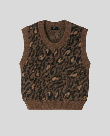 Brun ærmeløs jumper med leopardmønster, rund halsudskæring og ribdetaljer.